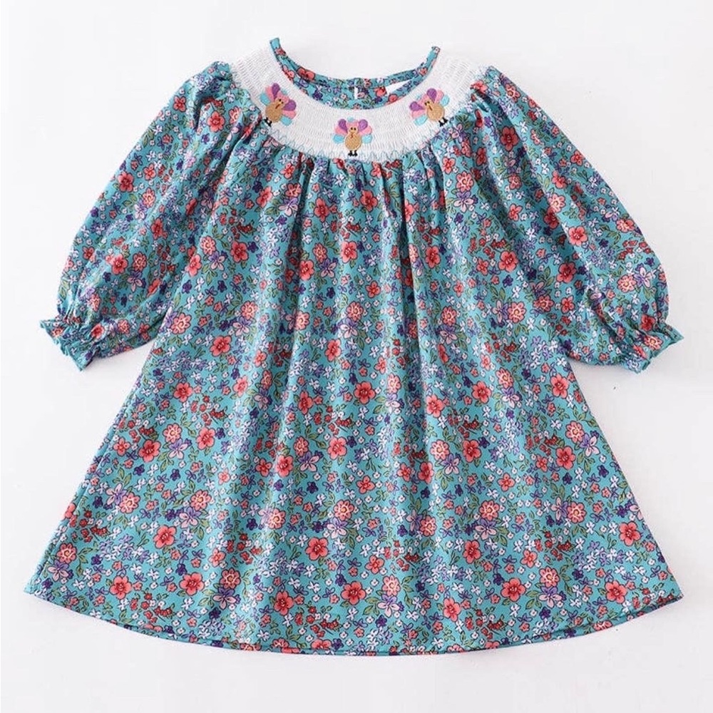 Smocked Teal Floral Turkey Thanksgiving Dress